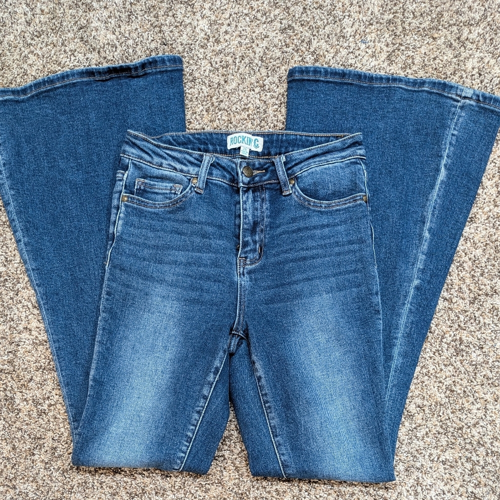 Rockin' C Women's Cowgirl Med Wash High Rise Basic Flare Leg Jeans Size 26